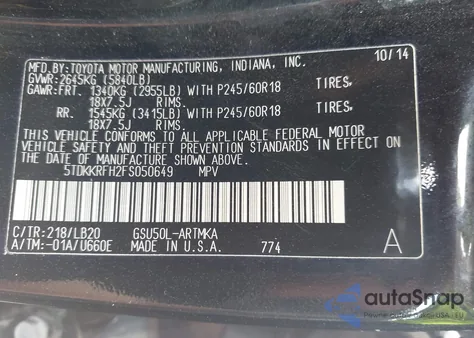 2015 Toyota Highlander Xle V6 z USA, uszkodzony, nr VIN 5TDKKRFH2FS050649